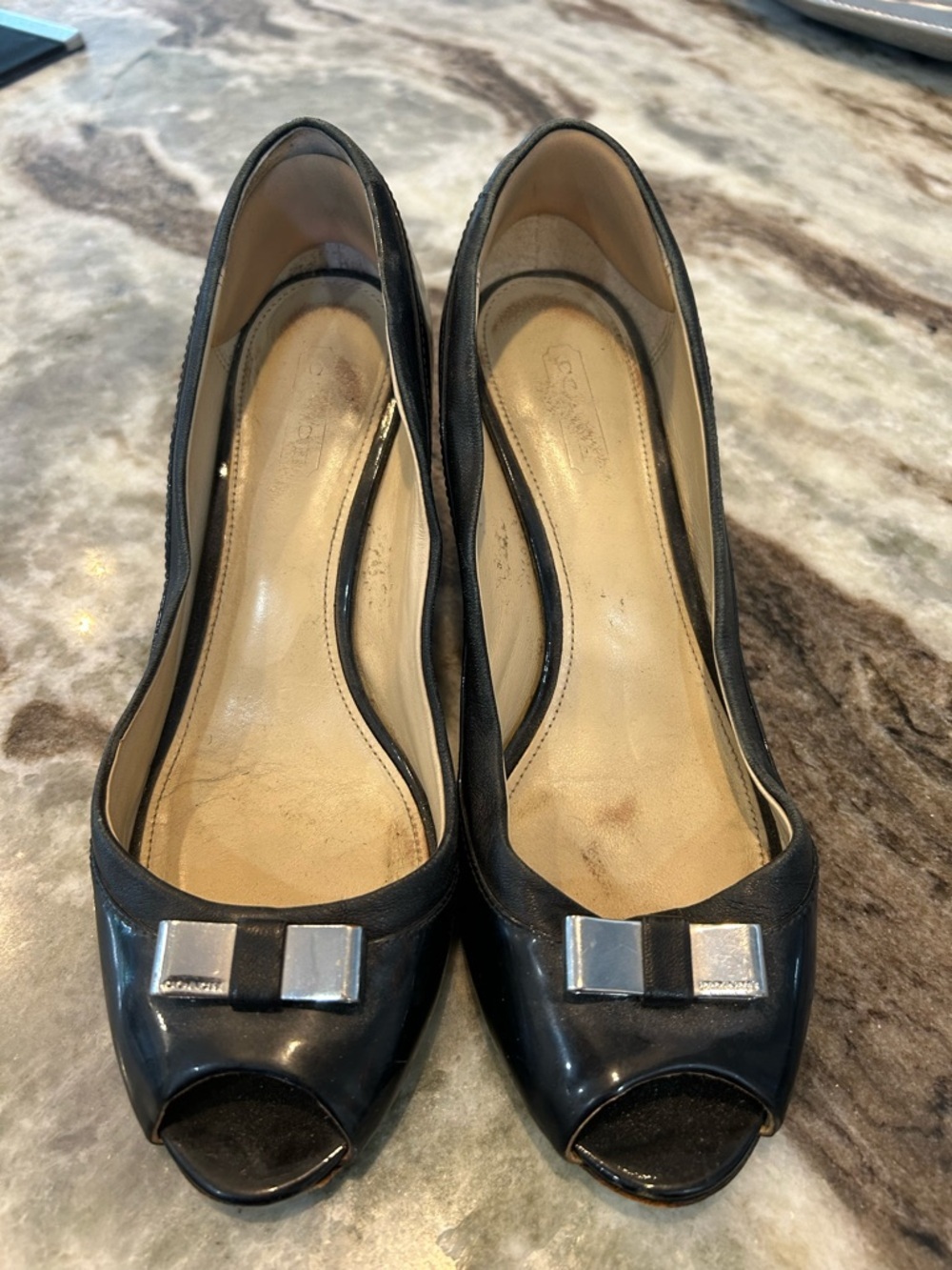 Coach Black Peep-Toe Heels with Silver Bow Accent 6.5 have wear dusty